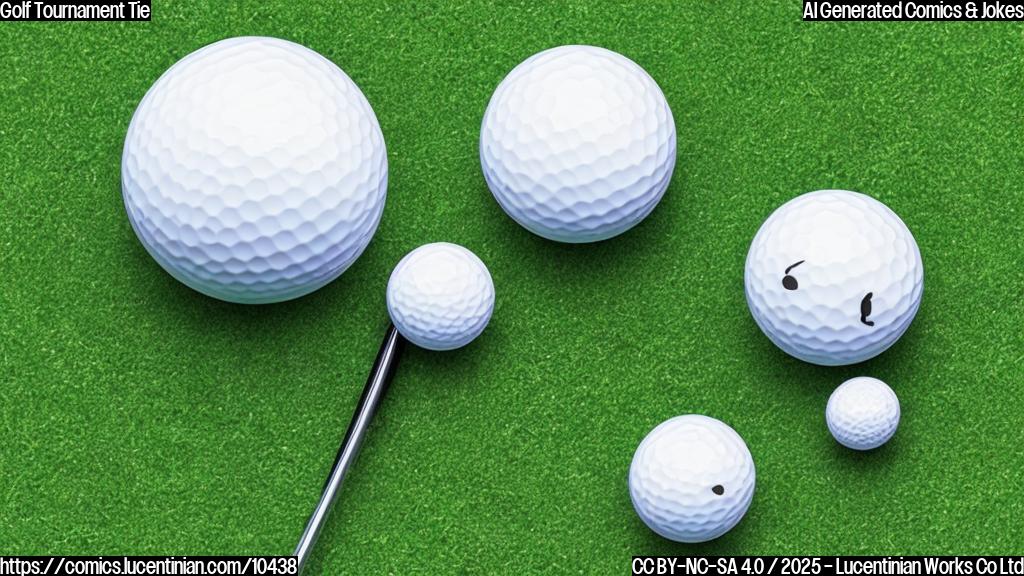 Draw a plain cartoon style image of two golf balls sitting side-by-side on a putting green, equidistant from the hole. Both have smiley faces drawn on them. The background is a solid green color.