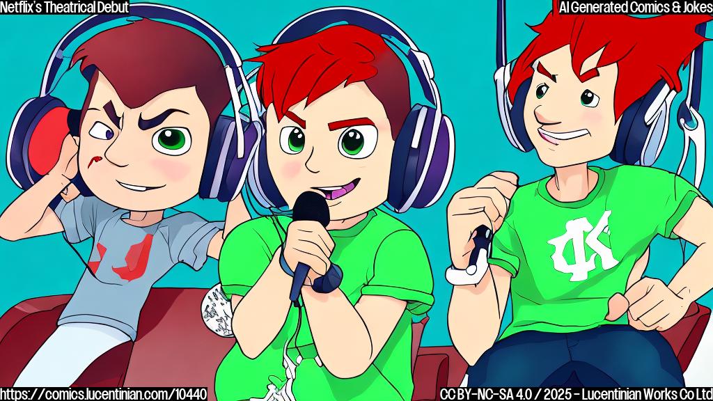 A simple cartoon image with a red demon character wearing headphones and looking scared, sitting in a movie theater seat next to a green cartoon character representing a K-pop star holding a microphone and looking powerful. The background is a plain blue color.