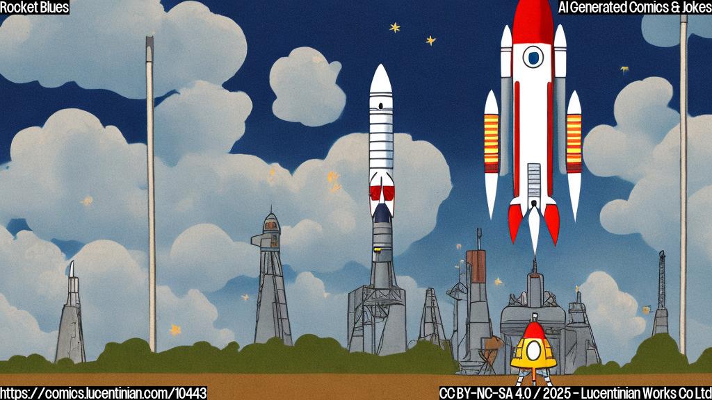 A cartoon rocket looking sad and anxious, standing on a launchpad under a cloudy sky. The launchpad is labeled "Test #10". The rocket is sweating.