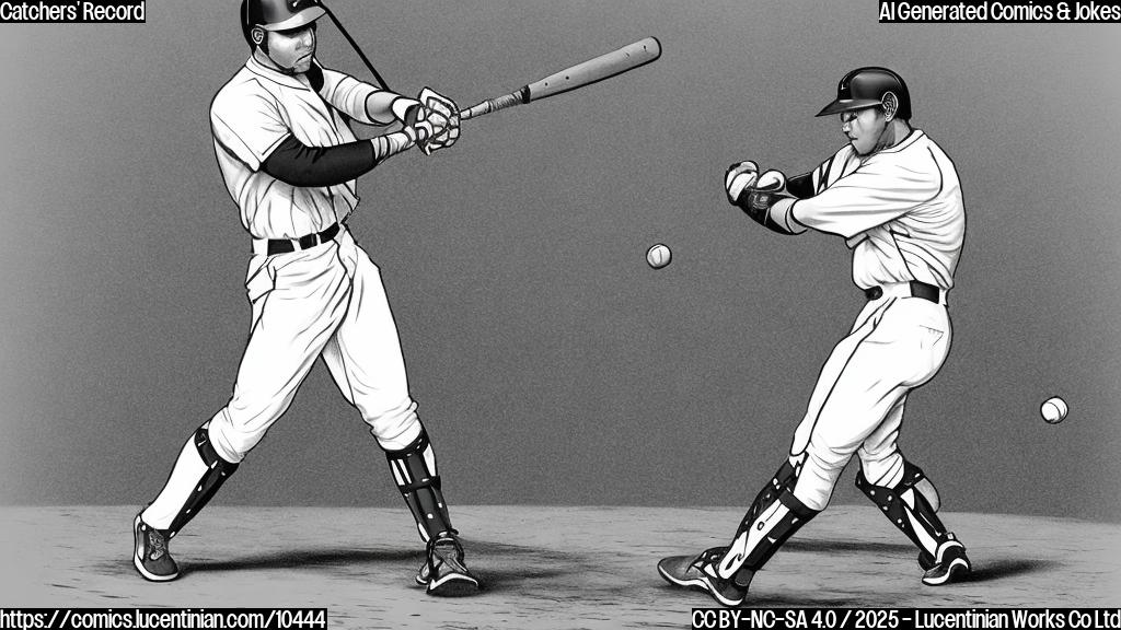 A cartoon drawing of a baseball catcher in full gear, swinging a bat with incredible force. The background is a plain light blue.
