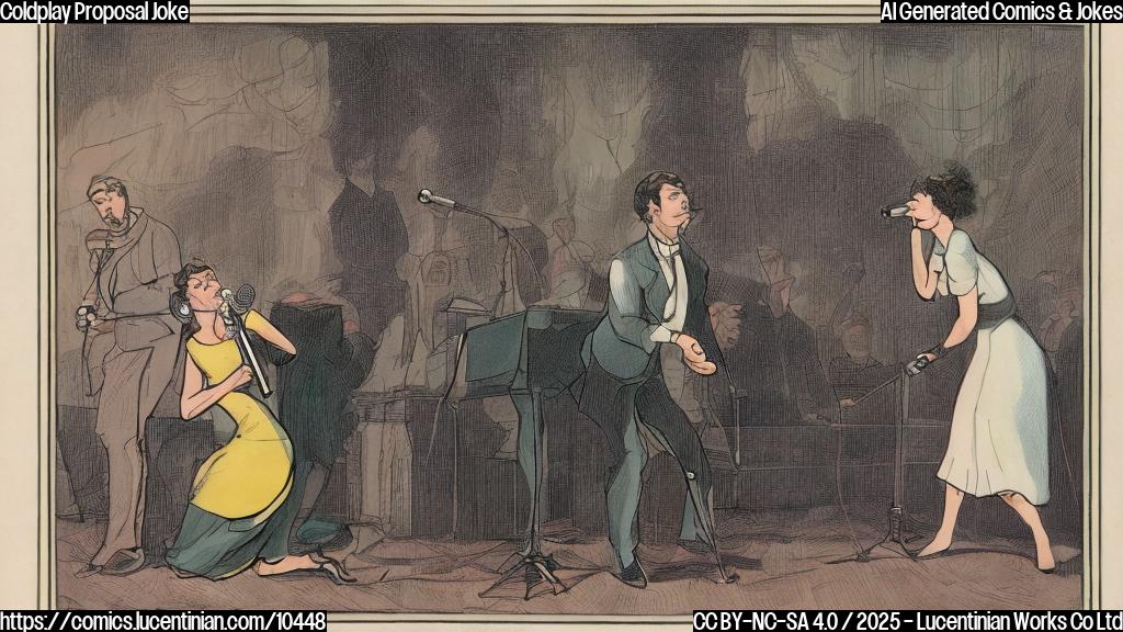 A plain color cartoon drawing of a singer with a microphone standing on a stage looking suspiciously at a man kneeling in front of a woman holding a ring box, stage lights, simple background