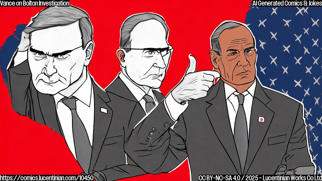 A cartoon image with plain red background of a serious looking senator with a suit, pointing his finger towards a silhouette of a man representing a former security advisor. The senator looks determined.