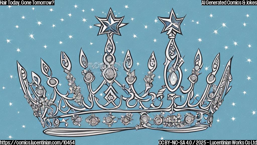 A cartoon style illustration of a royal crown holding salon scissors and comb, with sparkling stars around it on a light blue background.