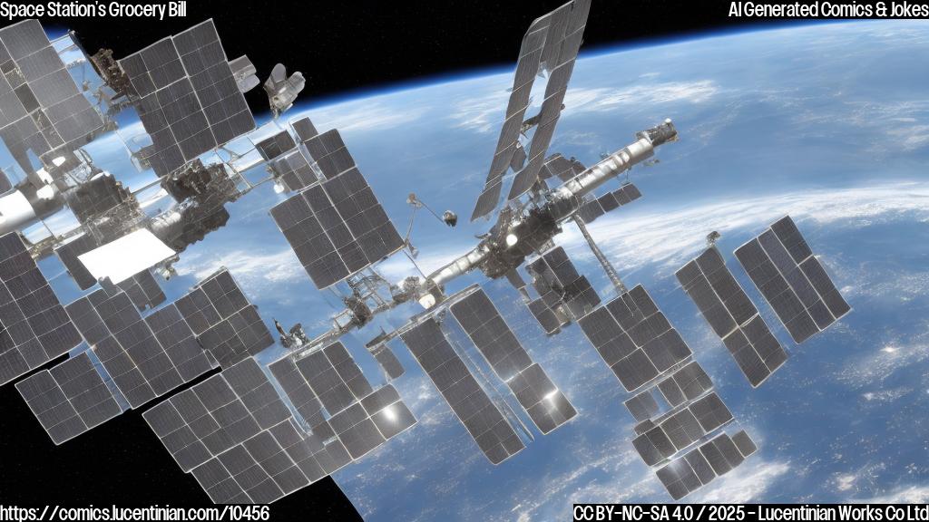 Cartoon of a very sad looking, small space station with patched up solar panels. A large, overly stuffed cargo ship is docked to it, with dollar signs on the side. The color of the space station is grey. The background is dark blue with small white star-like dots.