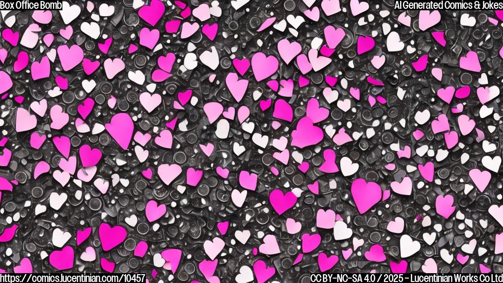 A cartoon style plain pink background with a broken heart made of film reels.