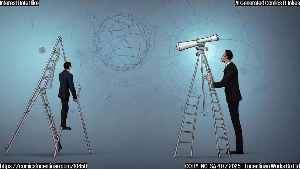 A cartoon style image of a person in a business suit standing on a ladder, looking through a telescope at a graph representing interest rates. The graph is shooting up into the sky. The background is a plain light blue color.