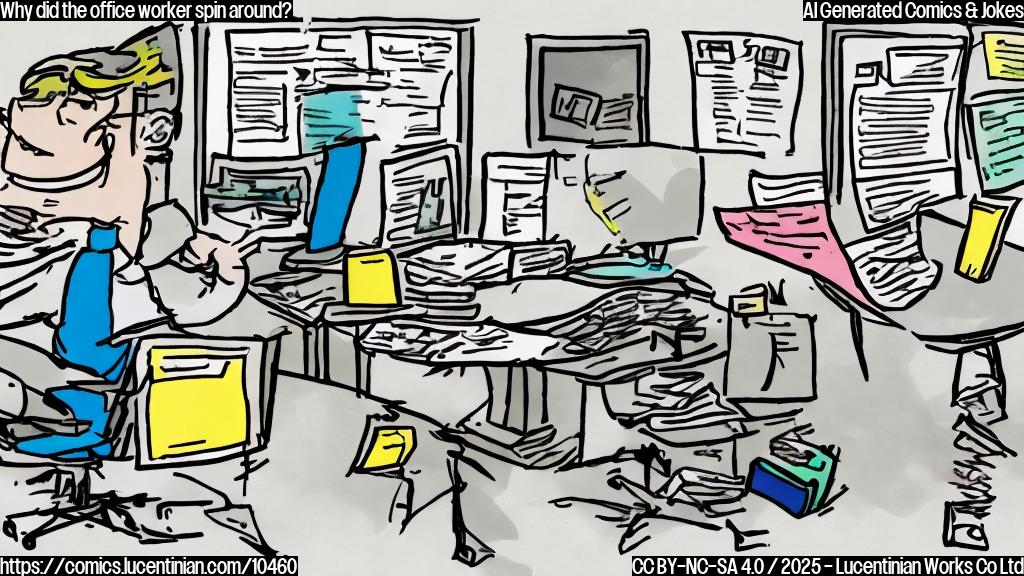 A cartoon style image of an office worker in a gray cubicle, spinning rapidly in their chair. Their face is a mix of confusion and amusement. A newspaper with a headline about dizziness is on their desk. The image uses plain, bright colors and thick outlines.