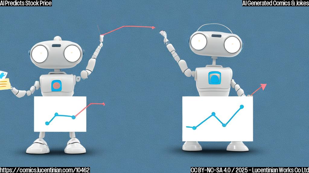 A cartoon style picture of a cute robot holding a chart with an upward trending line. The background is a plain light blue.
