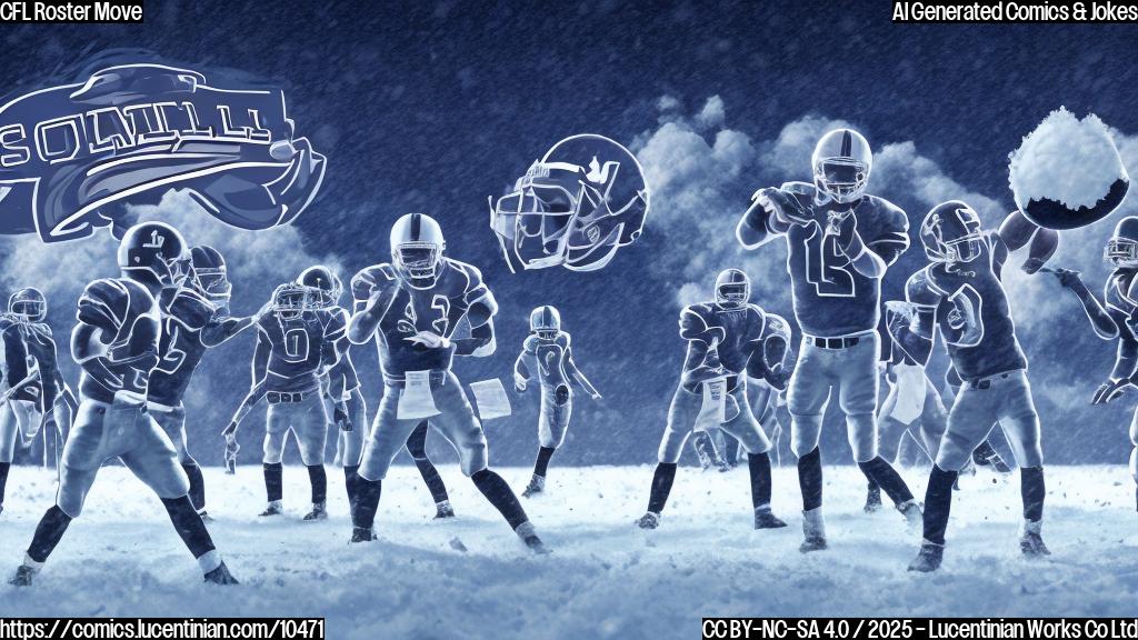 A cartoon drawing of a Canadian football field with a mild blizzard happening above it. Two stick figure football players, one wearing a helmet labeled "DB" and the other "QB," stand in the middle looking up at the swirling snow. The team logo is a generic stylized "A". The background is a simple blue sky.