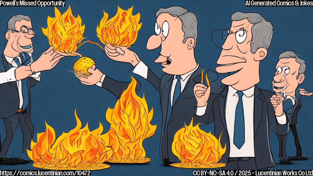 A cartoon drawing of a stressed-looking person in a suit labeled "Departing Central Banker" handing a flaming potato to another person in a suit labeled "Incoming Central Banker" at a conference with bored-looking attendees. The style is plain color cartoon style.