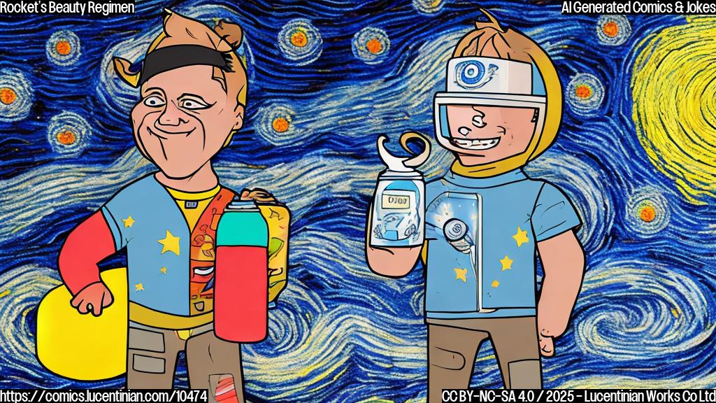 A cartoon rocket wearing a sleep mask and holding a jar of brightly colored vapor cream, standing in front of a starry night sky.