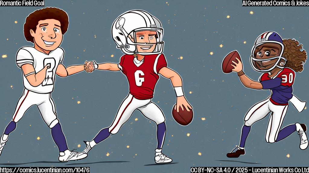 Cartoon image of a smiling football quarterback in full uniform holding hands with a pop star with long brown hair, both standing on a football field with a giant heart floating above them. The sky is blue and sunny. Flat color style.