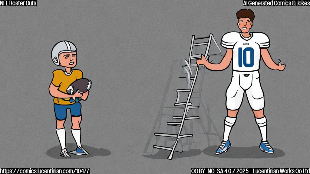A football player in a generic uniform holding a ladder looking nervously at a coach with a clipboard. Simple cartoon style, plain background.