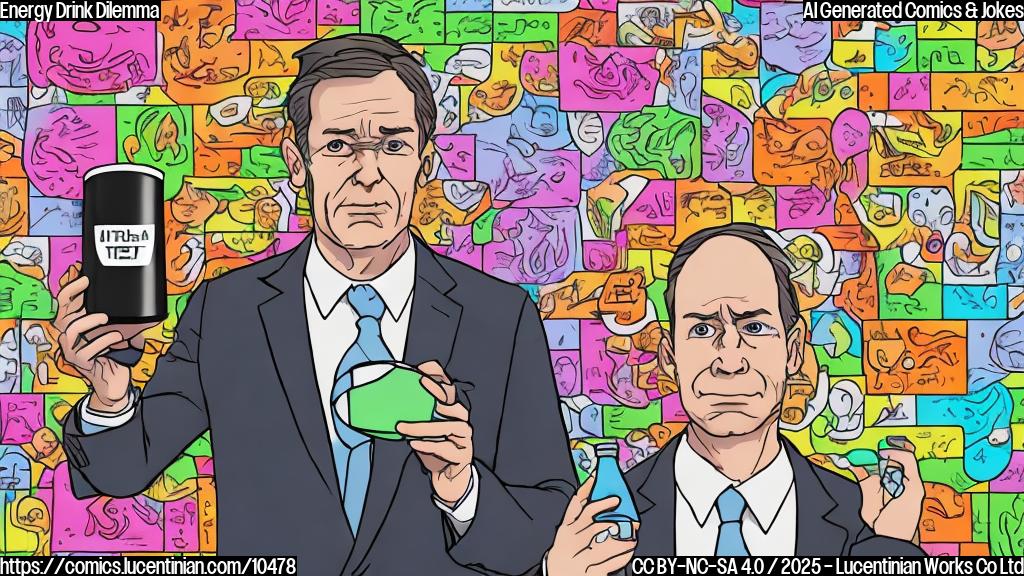 A cartoon image in a plain, flat style. An executive in a grey suit sits at a large wooden desk, holding a brightly colored energy drink can with exaggerated vital signs icons (heartbeat, pulse) on it. His expression is one of disdain and concern. Behind him, a graph showing a downward trending line labeled "Profits" is visible. The background is a solid, muted green.