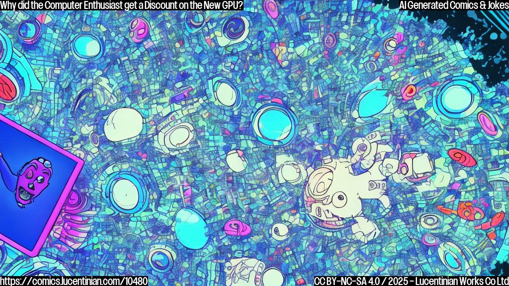 A cartoon drawing of a person looking at a computer screen with a surprised expression. The screen displays a colorful image of a modern graphics card with small, cartoon-style bugs crawling on it. The background is a plain light blue.
