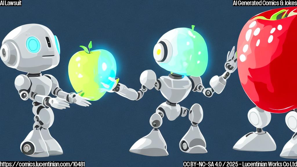 A cartoon depicting a small, determined robot filing a lawsuit against a giant apple and a brain-shaped AI, all in a minimalist, plain color style.