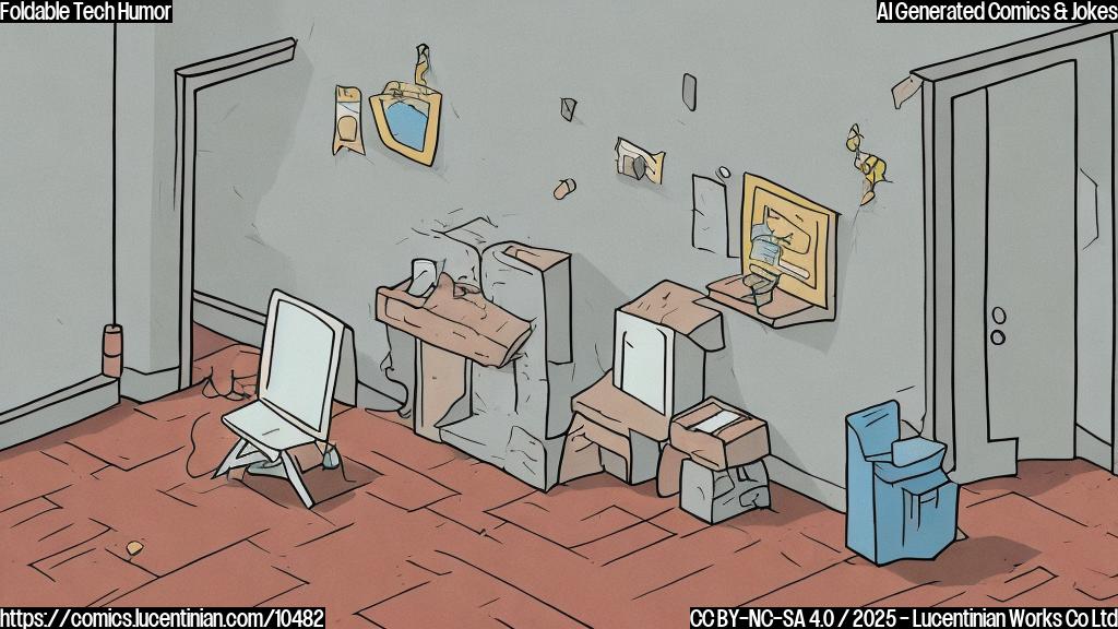 A plain color cartoon style image of a sad, foldable phone sitting in the corner of a room, with a disappointed expression. The room is simple with no windows and a wooden floor.