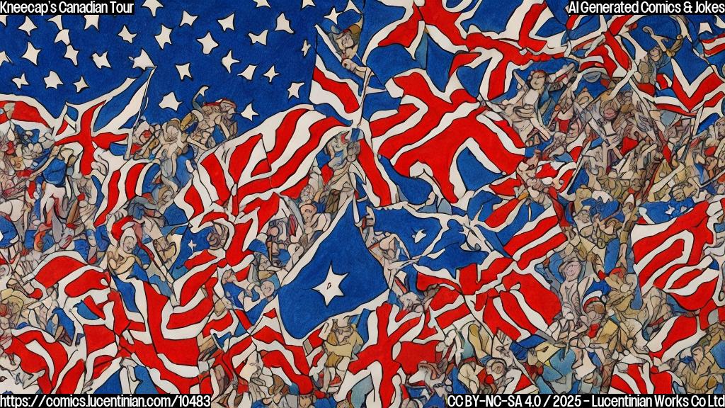 A simple cartoon style drawing. Two groups of figures, each representing a nation. One group with a maple leaf flag and one with stars and stripes. A musical band is happily jumping over the Canadian border into the arms of the maple leaf group, while the stars and stripes group looks on with confusion. Use plain colors and thick outlines.