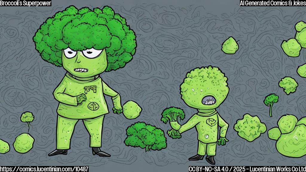 Draw a green broccoli floret wearing a tiny superhero cape and mask, standing triumphantly in front of a dark, shadowy background filled with cartoonish cancer cells with worried expressions. Simple cartoon style, plain color.