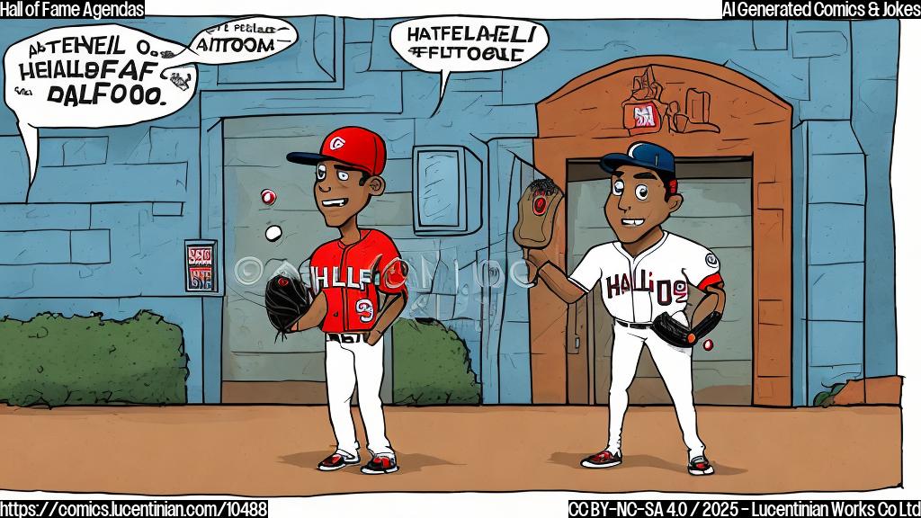 A cartoon image depicting a generic baseball player standing outside a building with the words "Hall of Fame" above the door. The player looks hesitant and confused, surrounded by thought bubbles containing question marks and agendas. The style is simple, flat colors, and cartoonish.