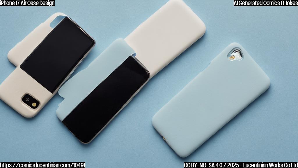 Cartoon style, plain light blue background, a very thin smartphone with a sad face next to a thick, old-fashioned phone case, both are white.