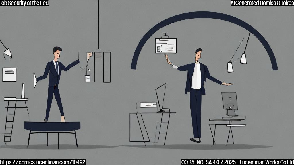 A simple cartoon of a faceless government employee in a gray suit standing on a trampoline inside a generic office setting. The background is a plain light blue.