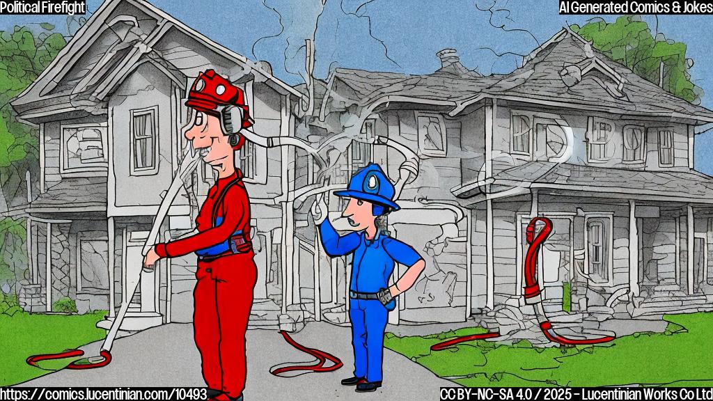 A simple cartoon of a firefighter in full gear, hose in hand, standing in front of a divided house. One side of the house is blue and the other is red. The style should be plain colors, like a political cartoon.