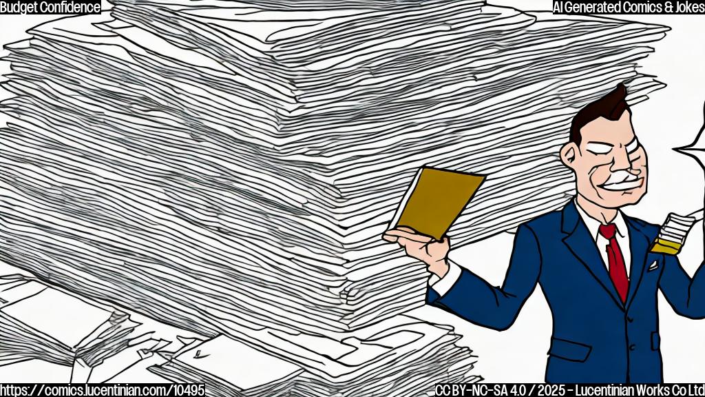 Draw a cartoon image of a serious-looking man in a suit, standing at a podium with a large stack of papers labeled "Budget," while pulling a playing card from his sleeve with a mischievous grin. The background should be a minimalist representation of a legislative chamber in plain, pastel colors.