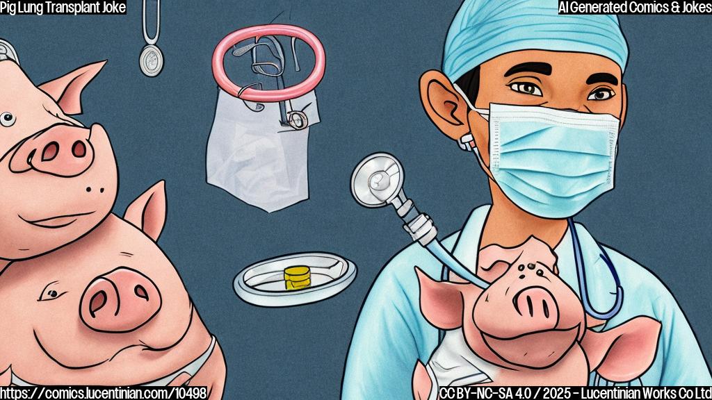 A cartoon-style drawing of a smiling doctor in a surgical gown holding a healthy-looking lung, with a pig wearing a tiny surgical mask looking on curiously. The background is a plain light blue.