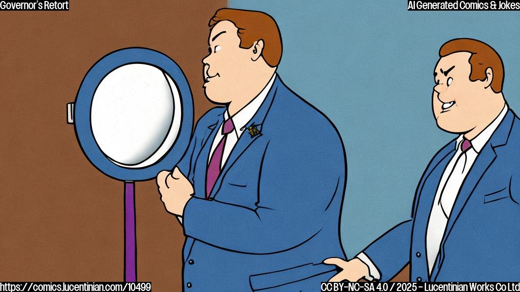 A cartoon style drawing with a plain light blue background. A slightly overweight man in a blue suit and tie stands confidently, holding up a small hand mirror. His reflection is looking back at him.