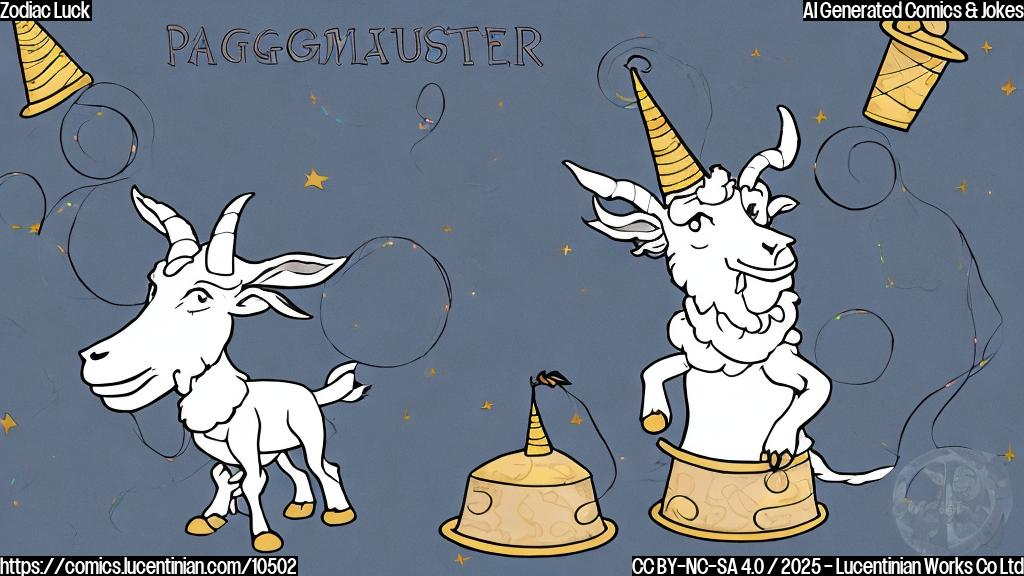 A simple cartoon drawing of a goat-like figure (Capricorn zodiac sign) wearing a party hat and impatiently checking a calendar marked "August 26, 2025". The background is a plain, light blue color.