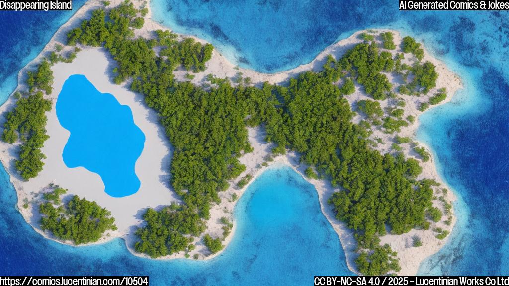 Plain color cartoon style image of a small sandy island with a sad face drifting away from a larger landmass, both surrounded by blue water.