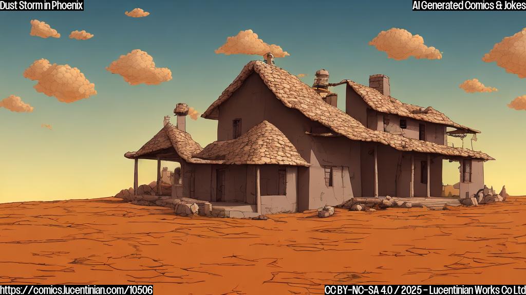 A cartoon image of a house in a generic desert landscape, almost totally covered in orange dust. The sky is also orange and dusty. The style should be simple and cartoonish, with plain colors.