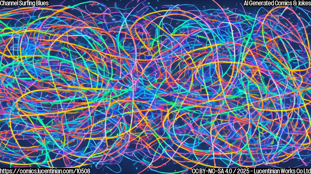 A simple cartoon of a person jumping frantically through a series of colorful hoops, each labeled with generic network logos (a stylized "N", a sporty "S", a newsy "24"). The background is a plain blue.