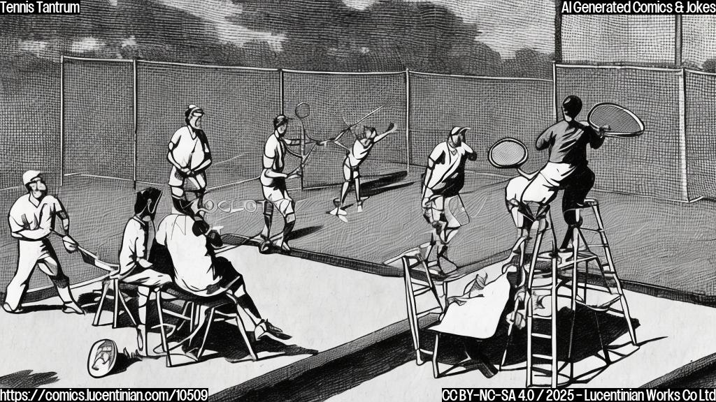 A cartoon drawing of a tennis court with a player throwing his racket and yelling at the umpire, who is sitting high up in a chair. A ladder is leaning against the umpire's chair. The style is plain color and simple.