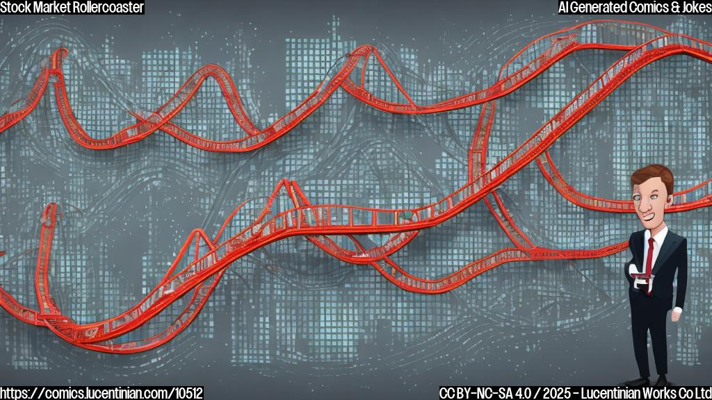 cartoon style image, plain color background, a businessman with a worried expression pushing a miniature rollercoaster towards a stock market graph with exaggerated peaks and valleys, the graph's line is red