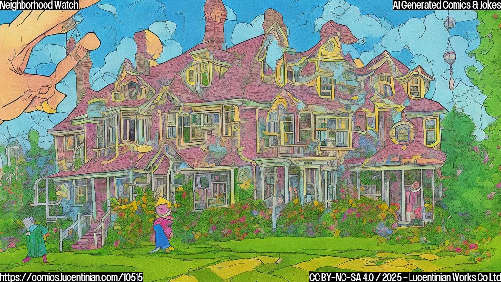 A plain color cartoon style picture of two houses, one with a bright, overly manicured lawn and a friendly waving figure in the window, and the other house looking drab with a disgruntled-looking figure peeking from behind the curtains. The sky is a solid, bright color.