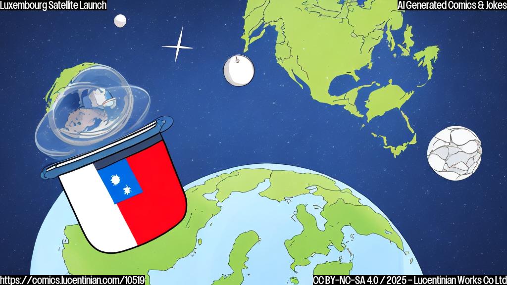 A simple cartoon of a small satellite with a Luxembourg flag on it, floating in space with a slightly confused expression, holding a comically oversized map. The background is a plain blue color.