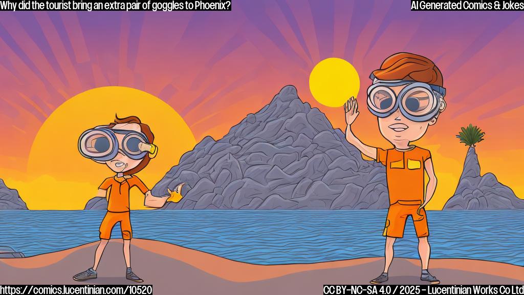Cartoon style illustration of a tourist in Phoenix, Arizona, wearing goggles and standing in front of a giant wall of sand and dust, with a bright sun barely visible in the sky. The style is simple and plain color, designed for a newspaper or website joke illustration.