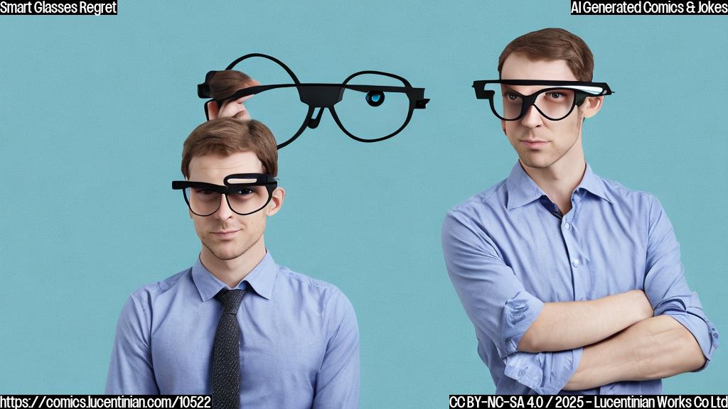 A pair of cartoon smart glasses with sad eyes looking at a newer, shinier pair of smart glasses with a confident smirk. The background is a plain light blue.