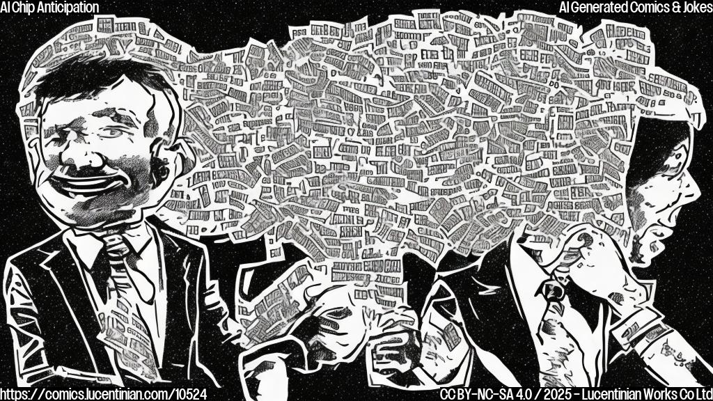 A plain color cartoon style drawing of a stock market graph anxiously sweating, with a large question mark hovering over it, next to a silhouette of a computer chip.