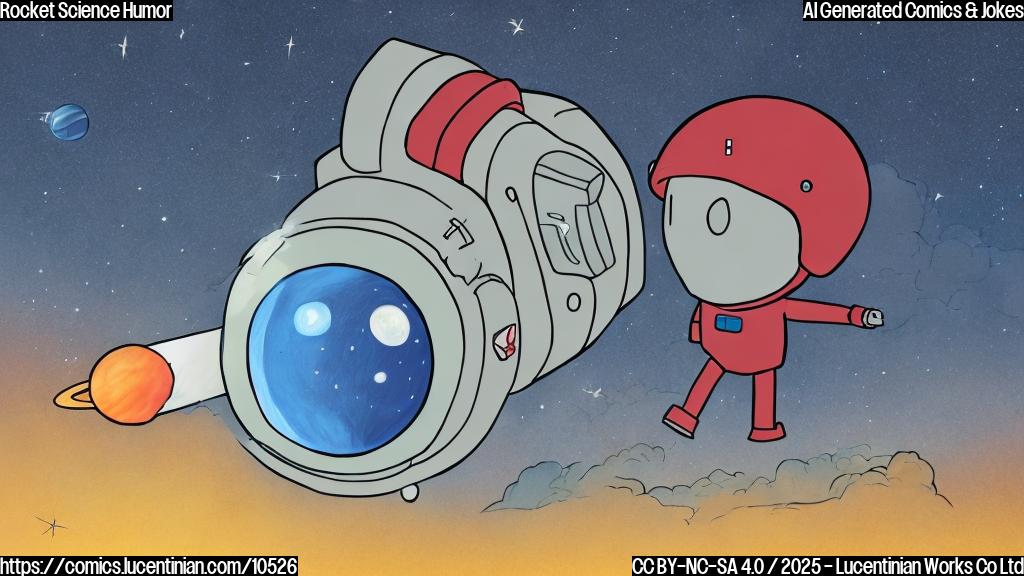 A simple cartoon drawing of a blue astronaut with a sad face looking at a red rocket ship flying away into the dark blue sky. Both characters have no face features. The background is a plain dark blue color.