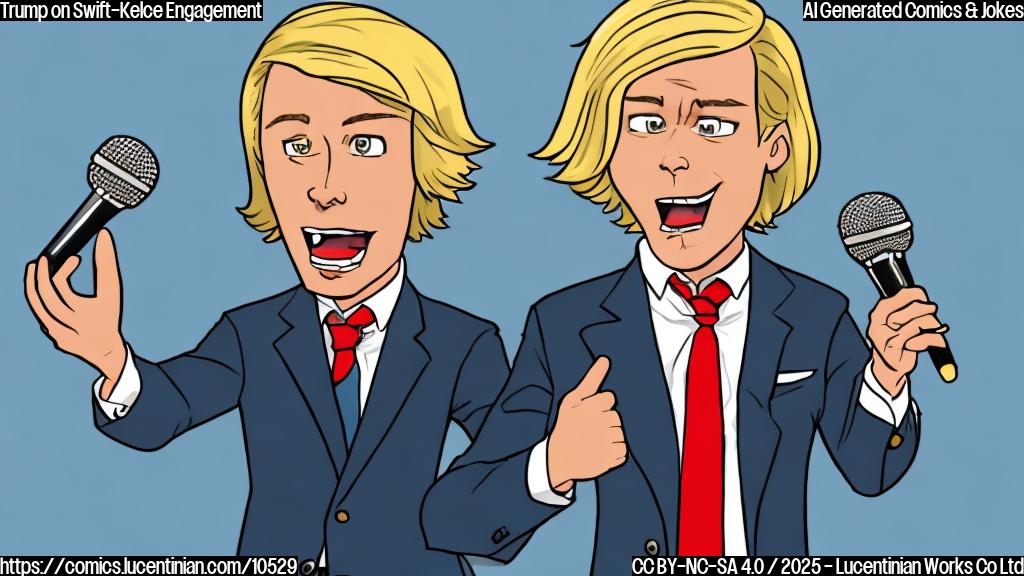 A cartoon of a person with blond hair and a red tie looking surprised and pointing, next to a football and a microphone. The background is a plain light blue.