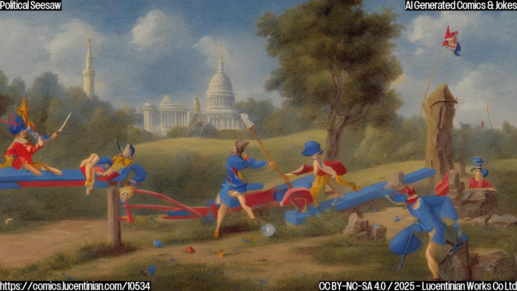 Cartoon of two groups of figures, colored red and blue, on a seesaw. The blue figures are slightly heavier, tilting the seesaw in their direction. The background is a simple landscape with a generic capitol building. Plain color style.