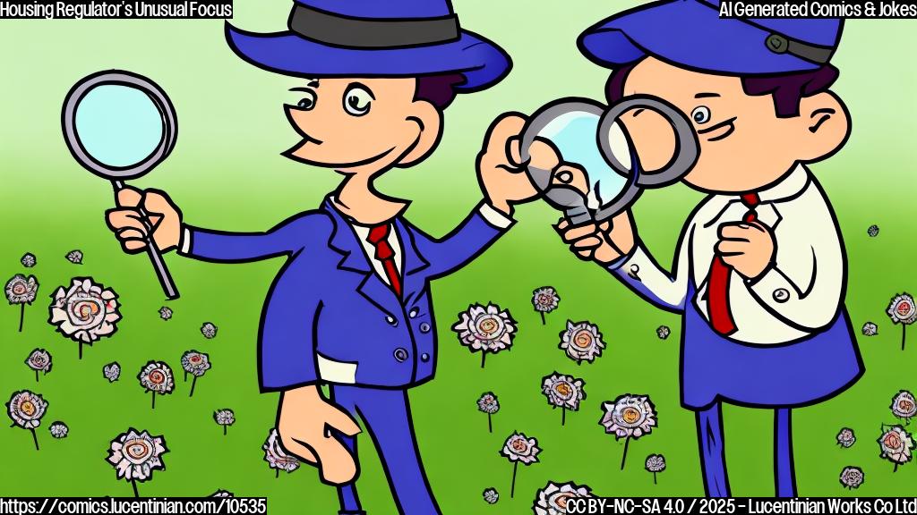 A cartoon style drawing of a man in a suit, holding a magnifying glass and inspecting a patch of grass where green dollar signs are sprouting like flowers. The style is simple, with solid blocks of color.