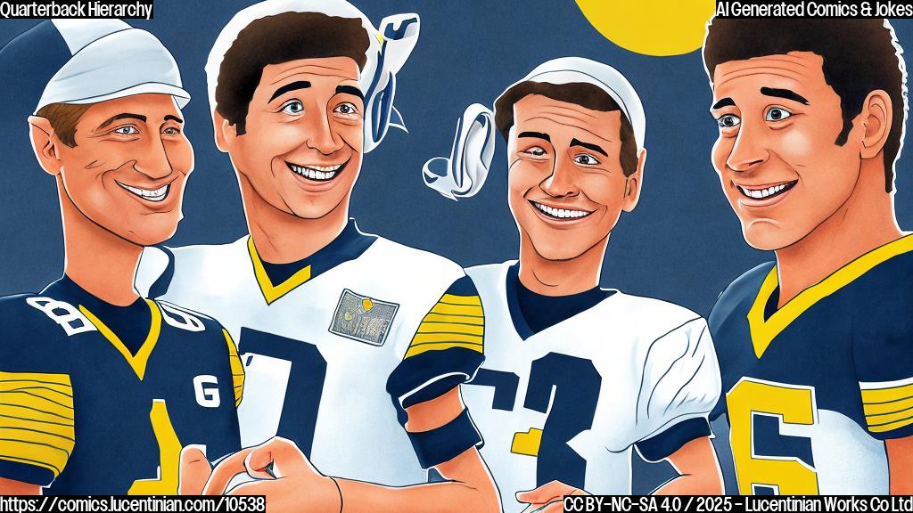 A cartoon drawing of a football coach with a clipboard looking proudly at a young, smiling rookie quarterback wearing a number 2 jersey. The background is a plain yellow color.