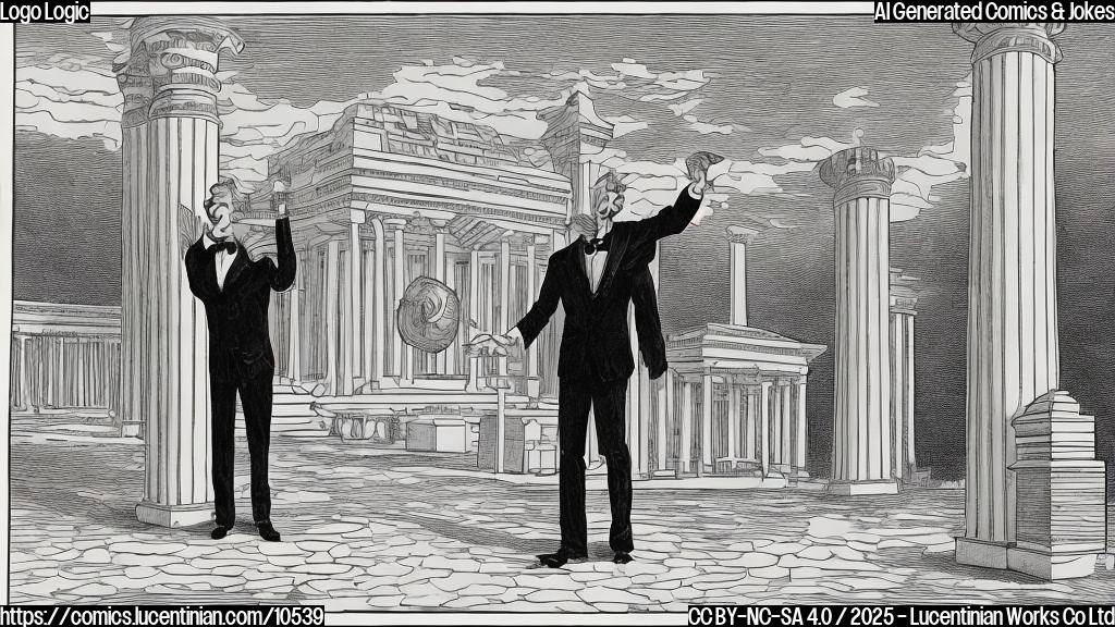 A plain color cartoon of a generic white building with columns, with a sign reading "Our Brand is Great!" A generic man in a dark suit is pointing proudly at the sign. The background is a simple blue sky.