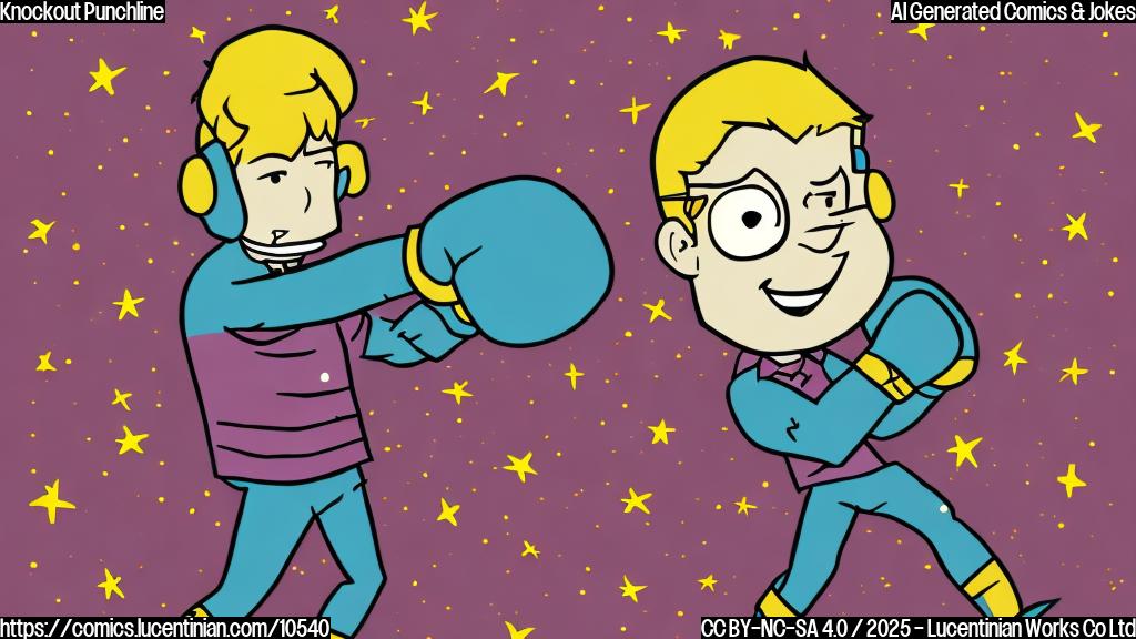 A simple, plain color cartoon of a stand-up comedian wearing boxing gloves, lying on the floor with stars spinning around his head. A microphone stand is knocked over beside him.