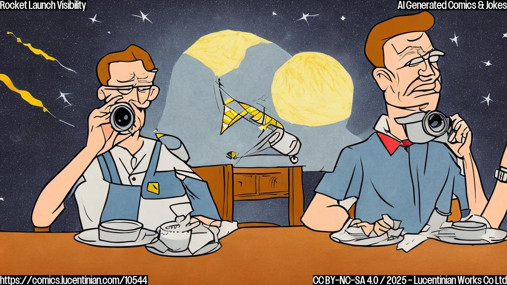 A cartoon-style drawing of a person holding binoculars, wearing a bib, sitting at a dinner table, with a rocket launching in the background sky visible through a window.