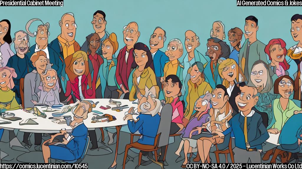 a group of ten formally dressed cartoon people in a brightly lit, oval-shaped room with a large, polished table. The people are diverse in age and appearance, all smiling broadly. The background is a solid, light blue color. Cartoon style.